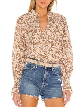 Cleobella Beige Floral V-Neck Ruffled Blouse